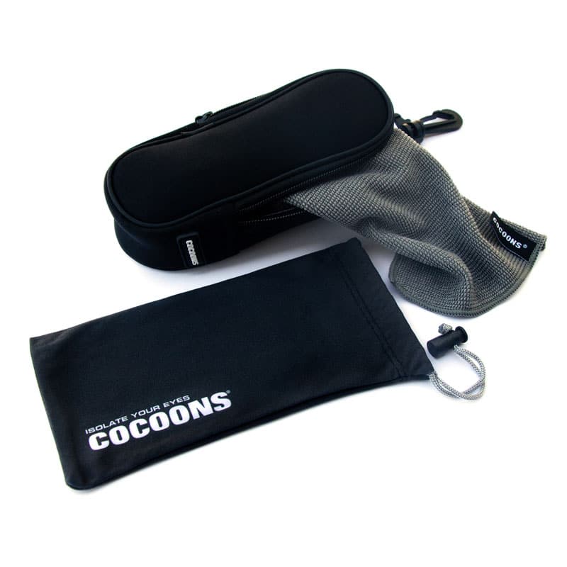 Included Cocoons accessories: Floating Neoprene Case, Drawstring Pouch, and DuraCloth